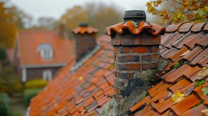 Naklejka premium Autumnal rooftop with terracotta tiles and brick chimney