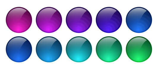 3d round game button icon set in blue, green, purple color. Vector ball circle badge