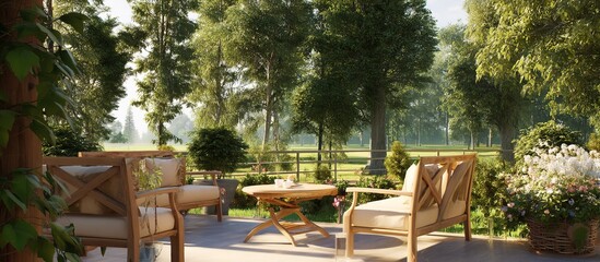 An outdoor garden with wooden sofas, armchairs, and a coffee table on a paved terrace, surrounded by lush greenery, flowers, tall trees, and a grassy area under soft sunlight.