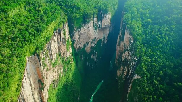 Aerial view Sumidero Canyon, Chiapas, Mexico; river flows through lush jungle