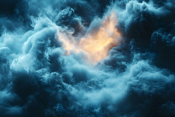 Dramatic clouds illuminated by a warm glow, creating a mystical atmosphere in a stormy sky