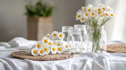 A natural spring-inspired dining table adorned with white linen, freshly picked daisies in glass jars, and handwoven rattan placemats