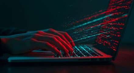 Close Up of Person Typing on Laptop Keyboard with Glowing Digital Code Overlay in Blue and Red