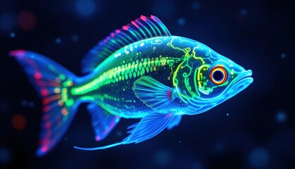 Fototapeta premium Glowing Fish Swimming with Neon Colors and Circuit Board Details