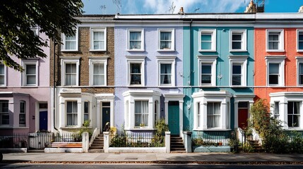 Fototapeta premium Colorful European townhouses with bay windows and ornate facades lining a street, parked cars and trees in the background under daytime natural lighting.