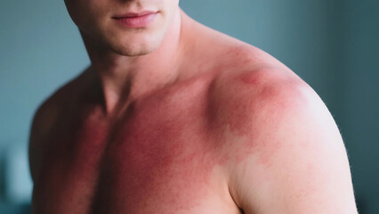 Redness and rash on the shoulder skin indicate skin allergies and symptoms of sunburn. The manifestation of rash symptoms is related to the diagnosis of dermatological diseases.