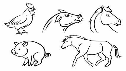Fototapeta premium Farm Animals Line Art Illustrations Chicken, Pig, Horse Drawings