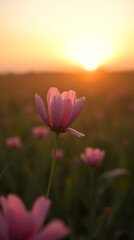 Close up grass field flower in beautiful golden sunset background, created by generative ai