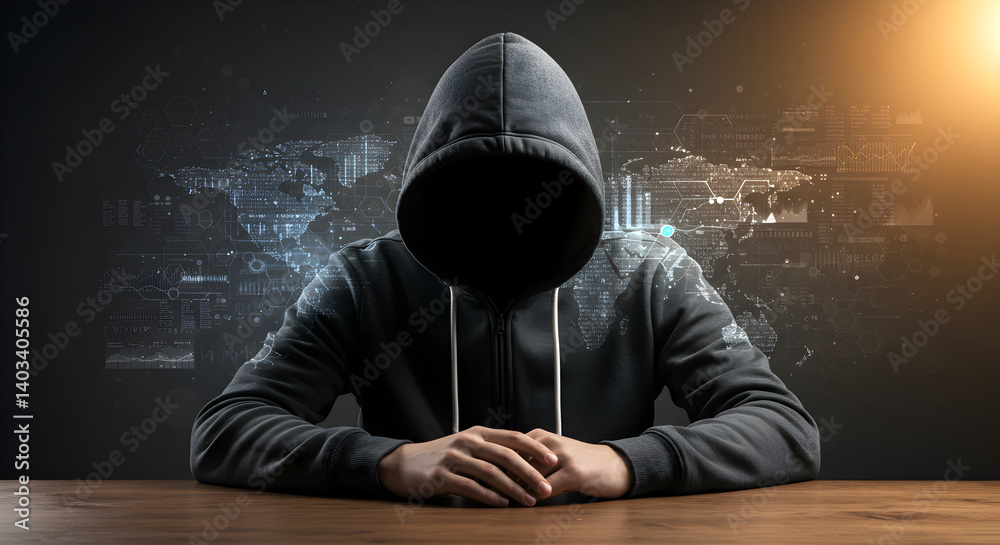 Poster anonymous hacker in dark hoodie with hands on table against digital background