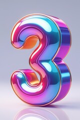A glossy iridescent number three with a golden outline on a light gray surface background design