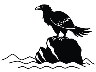An eagle perched on a cliff, scanning below – entire image done in cutout silhouette style