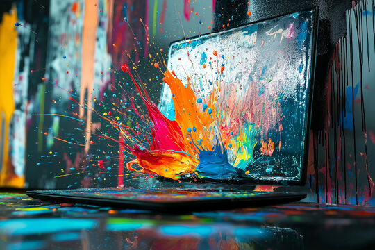 Wallpaper depicting a computer and paint splashes on the screen with digital technology effects