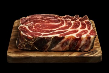 Fototapeta premium Italian Coppa: Artisan Sliced Cured Ham with Spices on Rustic Wooden Board