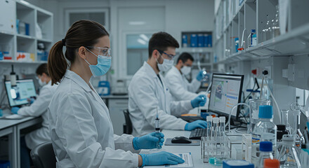 medical team working in laboratory, Health care researchers working in life science laboratory, medical science technology research work for test a vaccine,group of scientists working in laboratory