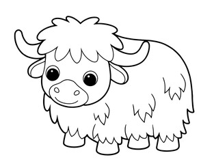 Cute cartoon musk ox illustration for children’s coloring book page, black and white outlined arctic animal drawing with fluffy fur and big eyes, preschool creative learning, educational activities