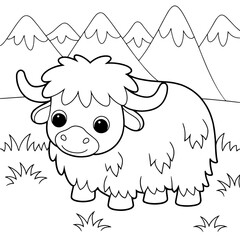 Cute musk ox standing on grassland in front of mountains – black and white animal coloring page for kids – educational wildlife activity, fun learning, early childhood development

