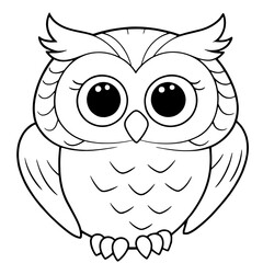 Cute cartoon owl illustration for kids coloring book page, black and white outlined animal drawing with big eyes, early childhood art activities, educational fun