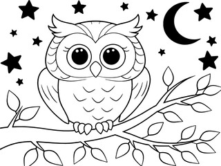 Cute cartoon owl sitting on a tree branch at night, surrounded by stars and moon. Coloring page for kids. Nocturnal animal, nature, and fun learning.

