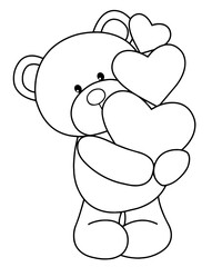 Cute Teddy Bear Holding Hearts – Adorable Line Art Coloring Page for Kids, Valentine’s Day, Love, Friendship, and Birthday Greetings in Black and White   © OS