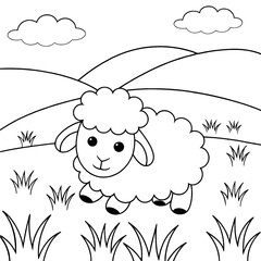 sheep, ewe, lamb standing in grassy meadow with hills and clouds, black and white coloring page for kids, printable A4 or 8.5x11 inch sheet for farm animal fun and early childhood art education