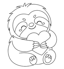 Cute baby sloth hugging heart illustration for kids coloring page, love, kindness, and emotional learning through fun animal-themed educational activities