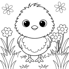 Baby Chick in Spring Garden with Flowers – Easter Coloring Page for Kids Featuring Adorable Chick Surrounded by Grass and Blooms,  Springtime, New Life, and Holiday Joy
