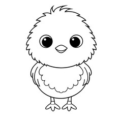 Cute baby chick illustration in black and white line art style, perfect for children's coloring pages, representing new life, innocence, and the joy of springtime in a simple and playful design.

