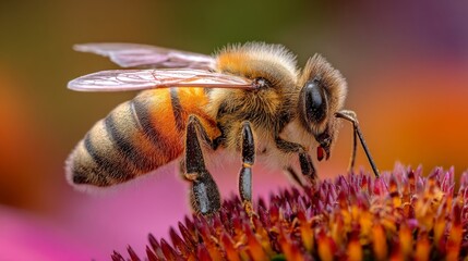 Close-Up Macro Shot of Honeybee Collecting Nectar from Vibrant Flower Petals in Nature