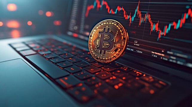 Bitcoin digital currency on laptop keyboard with stock market graph