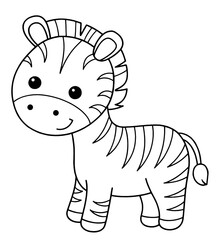 Cute cartoon zebra illustration for kids coloring page, African wildlife, friendly animal characters, and educational activity for children’s creativity and learning