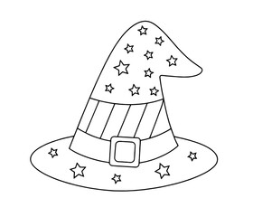 wizard or witch hat with stars, stripes, and a buckle. Halloween, magic, fantasy, costumes, spooky traditions, children’s coloring books