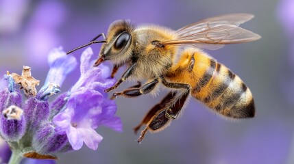 Close-Up Shot of Honeybee Collecting Nectar from Lavender Flower in Vibrant Colors