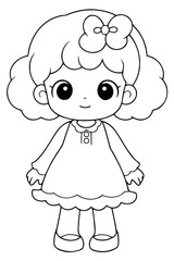 Adorable cartoon girl, doll with curly hair, big eyes, and a cute bow wearing a frilly dress, for children's coloring activities, early learning, and creative development fun