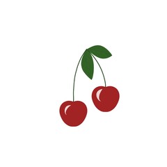 Two red cherries with green leaves on white background. Simple, minimalistic fruit illustration, perfect for design, prints, or food-related content.