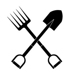 Black silhouette of crossed garden shovel and pitchfork icon representing gardening tools, farming equipment or agriculture labor symbol for tool shop, landscaping service or Labor Day