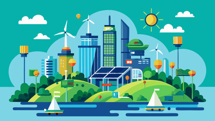 A cityscape with a lot of green trees and buildings. The buildings are tall and the city is surrounded by a river. The sky is blue and the sun is shining. Concept of harmony between nature