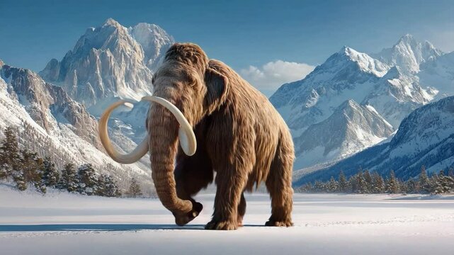 Mammoth in the Mountains: A majestic woolly mammoth stands against a stunning backdrop of snow-capped mountains, a frozen wasteland evocative of prehistoric times.