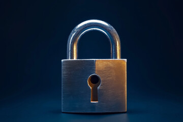 Naklejka premium Digital padlock for computing system on dark blue background, cyber security technology for fraud prevention and privacy data network protection concept