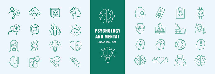 Psychology and mental icon set. Linear style. Editable Stroke.