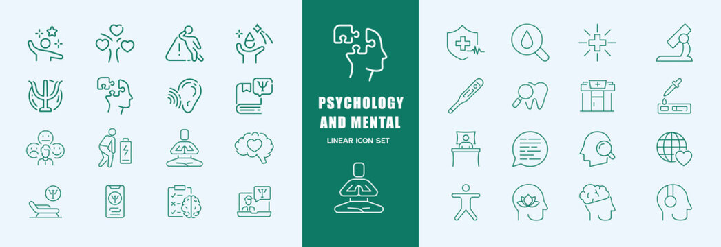 Psychology and mental icon set. Linear style. Editable Stroke.