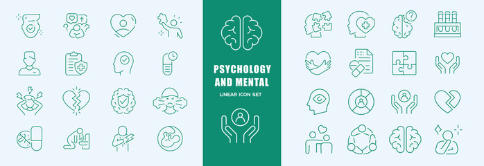 Psychology and mental icon set. Linear style. Editable Stroke.