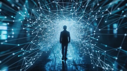 Silhouette businessperson walking at digital bright tunnel technology