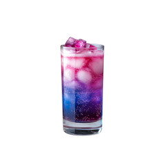 A vibrant layered drink with ice, featuring shades of purple and blue, creating an eye-catching visual effect.