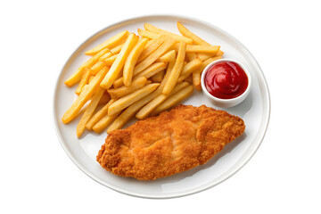 Crispy Wiener Schnitzel Dinner with Golden Chips and Tomato Ketchup.