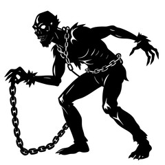 Fototapeta premium A vector silhouette illustration of a chained zombie dragging one leg 