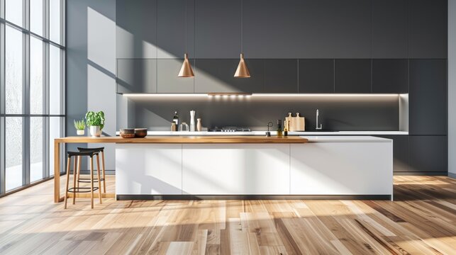 A modern kitchen with wooden counter top and stools
