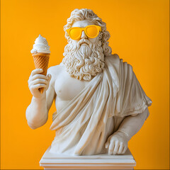 Statue of zeus wearing sunglasses and holding an ice cream cone against a yellow background
