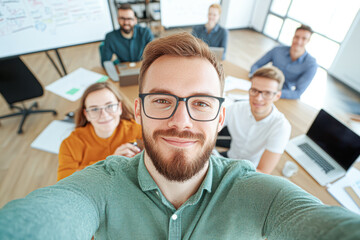 Obraz premium Group of professionals smiling for a selfie in a modern office environment.
