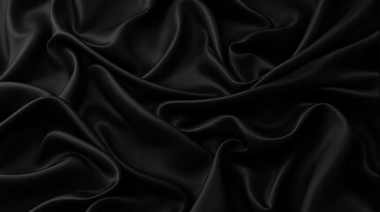Obraz premium Flowing Black Silk Fabric Texture Background. Beautiful soft folds on the fabric. Black elegant background with copy space for your design.