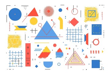 Geometric shapes in a minimalist abstract arrangement with blue red and yellow colors